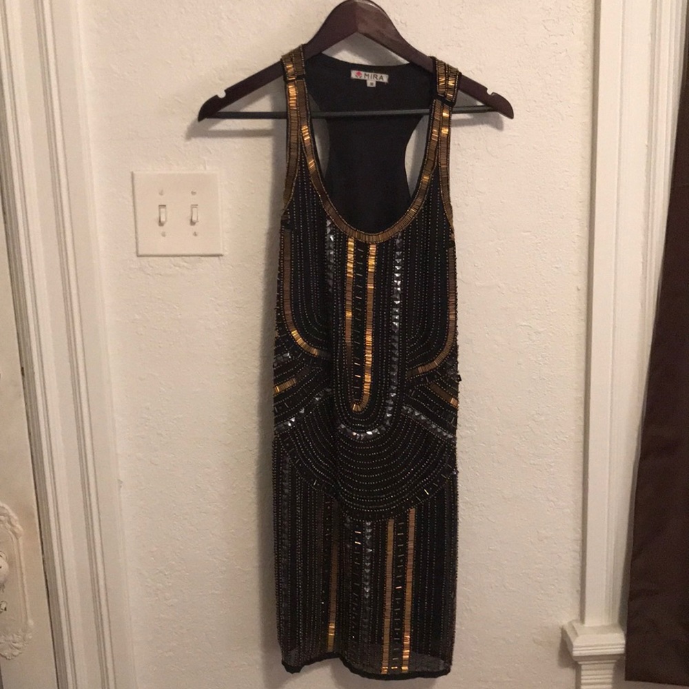 Beaded, black and gold party dress